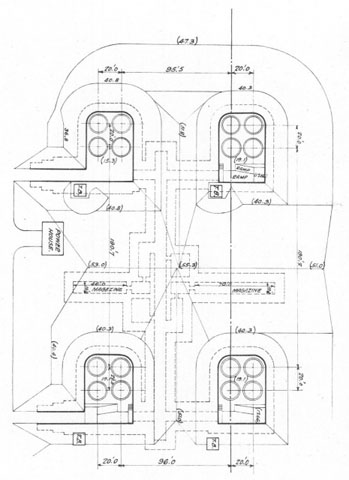 <p>Sketch plan of Fort Slocum&#39;s Mortar Battery, 1920, showing the four pits for the groups of heavy mortars and the connecting tunnels (courtesy Coast Defense Study Group).</p>