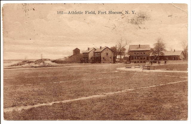 <p>Fort Slocum&#39;s Drill and Athletic Field, shown here in a postcard probably published ca. 1917, was built in about 1914 to provide a place for drill training and athletic contests. View to south.</p>