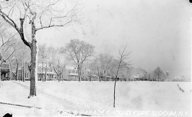 <p>Officers&#39; Row stood on the western side of the Parade Ground, as seen in this snowy view looking north-northwest, ca. 1940. </p>