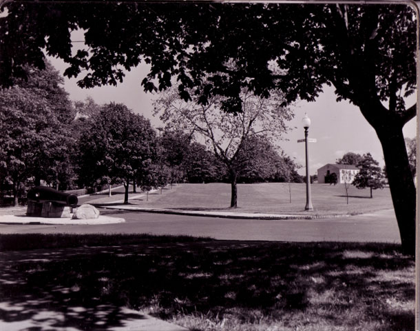 <p>South Lawn Area as seen from the vicinity of the Rodman Gun Monument (left), looking southeast, ca. 1960.&#160; WAC Barracks (Building 135) visible in background at right.</p>