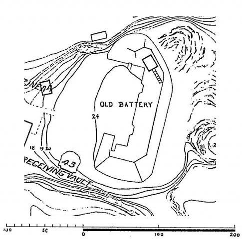 <p>Sketch plan drawn in 1906 of Fort Slocum&#39;s Battery Practice (the &#34;Old Battery&#34;). Rectangular structure on the parapet is a searchlight shelter, built in about 1905, a few years after removal of the battery&#39;s guns.</p>