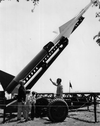 <p>A Nike missile with a mobile launcher on display at Fort Slocum in 1955.</p>