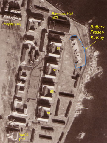 <p>Aerial photograph of Fort Slocum&#39;s Barracks Area, showing Battery Fraser-Kinney on the northeastern shoreline of Davids Island, November 1923.</p>