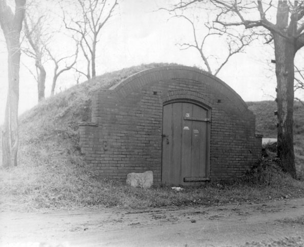 <p>Receiving Vault (Building 119), built ca. 1885, looking northeast, mid-1930s.</p>