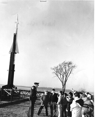 <p>School children on a field trip to the Hart Island Nike missile Launch Area, late 1950s.</p>