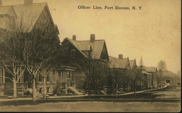 <p>Northern end of Officers&#39; Row, including officers&#39; quarters Buildings 9 through 12, Building 13 and Building 42 (left-right), looking north, ca. 1915.</p>