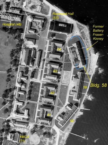 <p>Aerial photograph of Fort Slocum&#39;s Barracks Area, showing the replacement of Battery Fraser-Kinney by Building 58 (built 1930), September 1940.</p>