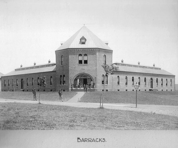 <p><strong>Romanesque Revival</strong>: Barracks (Building 69; built 1888), view northeast, ca. 1893.</p>