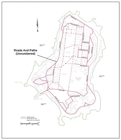 <p>Map of Fort Slocum&#39;s roads and walkways, 1940s-2000s.</p>