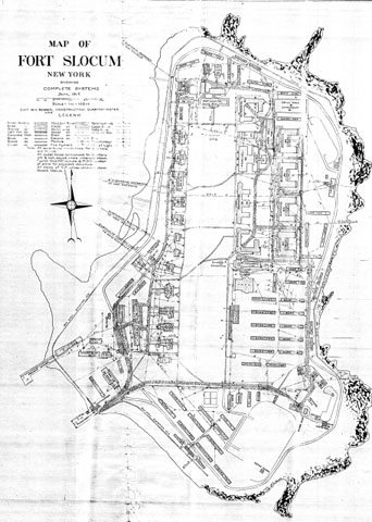 <p>Quartermaster Corps&#39; map of Fort Slocum, Davids Island, in 1917, showing the more than temporary buildings that had been erected to accommodate extra recruits.</p>