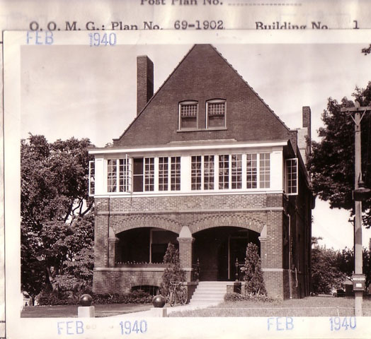 <p>Quartermaster Corps photograph of the east facade of the Commanding Officer&#39;s Quarters (Building 1) looking west, taken about 1940.</p>