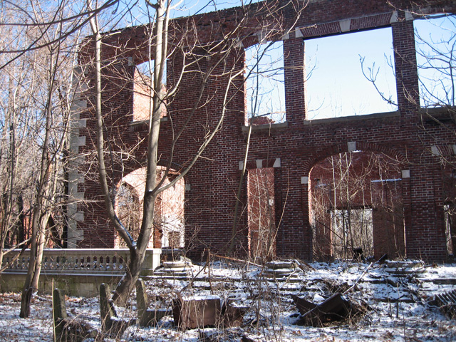 <p>View east of the ruins of the YMCA (Building 71) showing part of the building's west or main facade and adjoining terrace. The building was demolished in May 2008.</p>