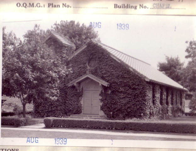 <p>Quartermaster Corps photograph of the north and west facades of the Chapel (Building 108), taken in 1939.</p>