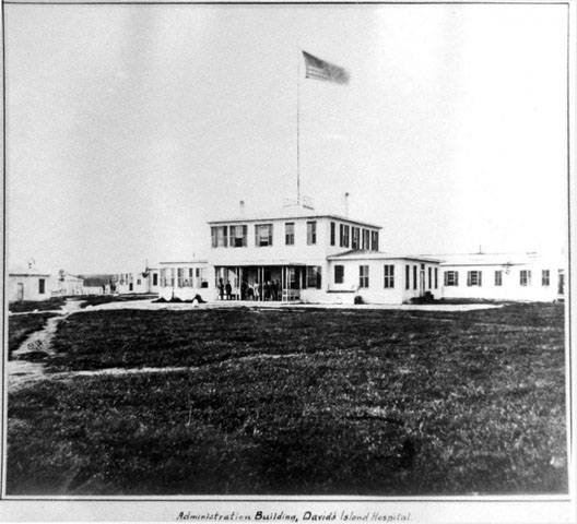 <p>De Camp General Hospital, Davids Island--Headquarters or Administration Building in 1864, probably looking north.</p>
