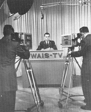 <p>Army Information School student at Fort Slocum on camera for a television broadcast, circa 1960.</p>