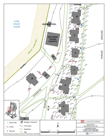 <p>Map of the central portion of Officers Row, showing locations of different types of tests completed during the 2005-2006 archeological survey, including shovel tests, trenches, and test units.</p>