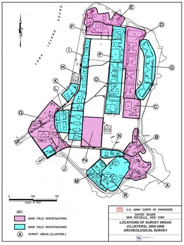 <p>Map of areas investigated during the 2005-2006 archeological survey of Davids Island conducted in preparation for the demolition of Fort Slocum&#39;s ruins.</p>