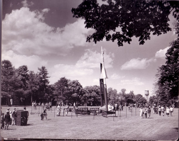 <p>Nike Ajax missile on display on the Parade Ground at Fort Slocum for Armed Forces Day, early 1960s.</p>