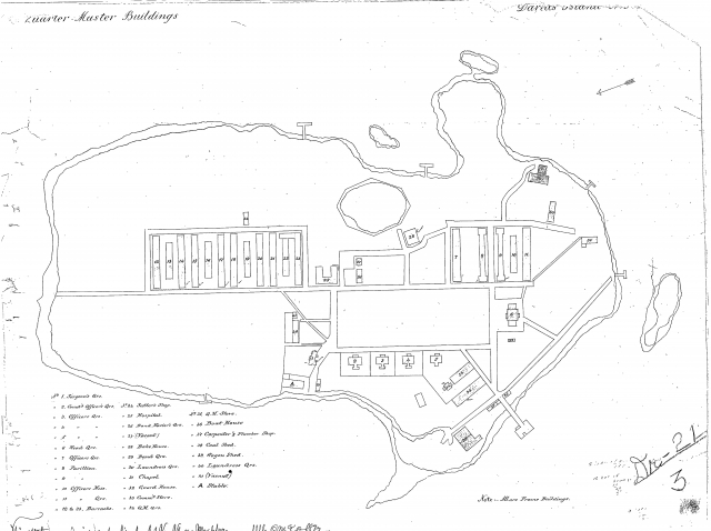 <p>Map of Davids Island prepared in about 1872 by the U.S. Army Quartermaster Department, when most of the buildings for De Camp General Hospital were still standing.</p>