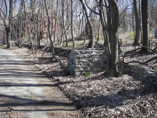 <p>Modified terrain in the Officers&#39; Row area of Fort Slocum--a graded hill slope interrupted by a retaining wall to the east of Howard Road, near the former sites of Buildings 7 and 8, April 2008.</p>