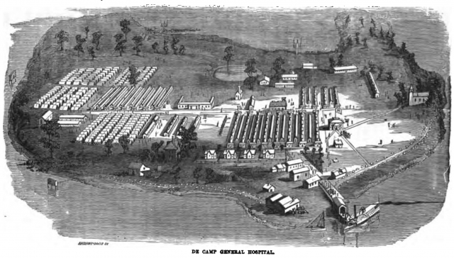<p>Bird&#39;s-Eye View of De Camp General Hospital, Davids Island, circa 1863 (Google Books digital collections).</p>