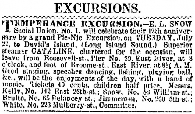 <p>Advertisement for steamboat excursion to Davids Island published in The New York Times on July 24, 1858 (image courtesy ProQuest Historical Newspapers).</p>