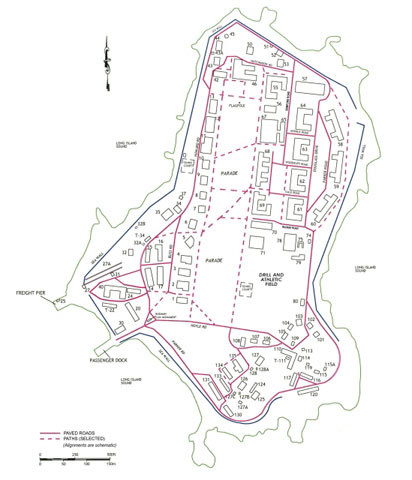 <p>Sketch map of Fort Slocum in the early 1960s, with building numbers as used during demolition project.</p>