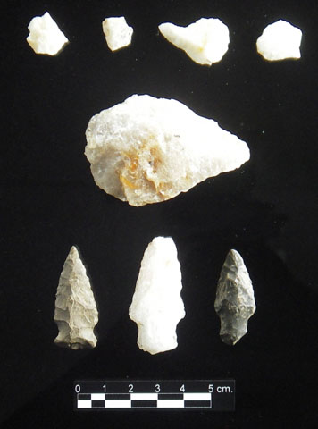 <p>Prehistoric Native American stone artifacts, including waste chips and flakes of quartz (top); a heavy cutting tool or tool blank, also of quartz (middle); and Late Archaic spear or dart points of chert and quartz (bottom).</p>