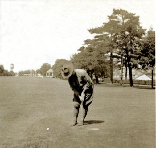 <p>In 1926, personnel at Fort Slocum installed a small but challenging 9-hole golf course across the post&#39;s landscape. The golf course remained in use until around 1942. Here Sgt. Jake James taps a putt toward a hole on the Parade Ground in the 1930s.</p>