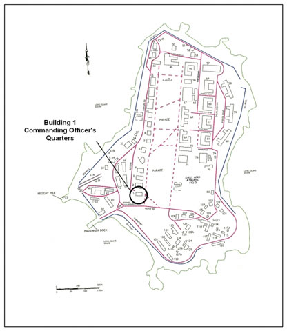 <p>Outline map of Davids Island as of 2005 showing the location of Building 1, the Commanding Officer&#39;s Quarters.</p>
