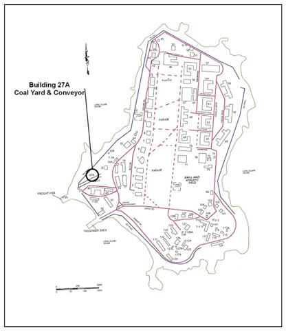 <p>Outline map of Davids Island as of 2005 showing the location of Building 27A, the Coal Yard and Conveyor. </p>