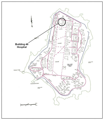 <p>Outline map of Davids Island as of 2005 showing the location of Building 46, the main Hospital building. </p>