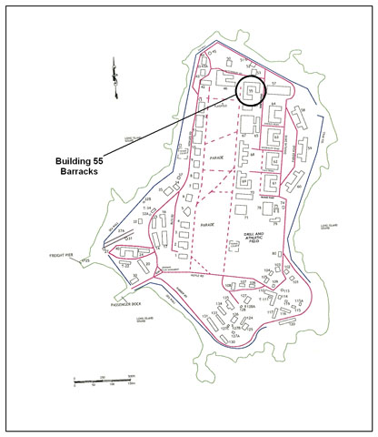 <p>Outline map of Davids Island as of 2005 showing the location of Building 55, one of three brick Barracks constructed in the 1880s.</p>