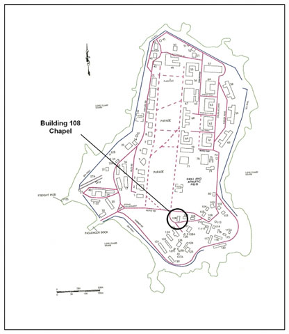 <p>Outline map of Davids Island as of 2005 showing the location of Building 108, the Post Chapel (Chapel of St. Sebastian).</p>
