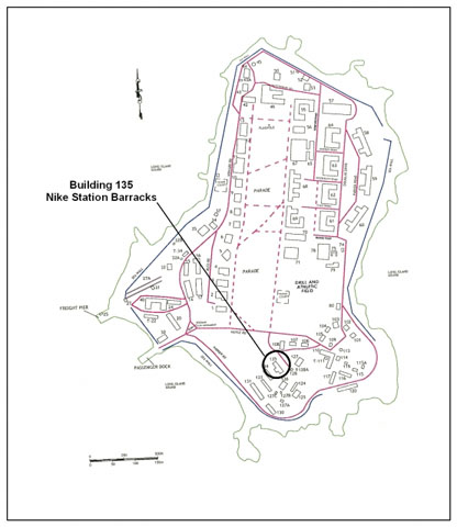 <p>Outline map of Davids Island as of 2005 showing the location of Building 135, one of the barracks erected for the Women's Army Corps (WAC) during the Second World War. </p>