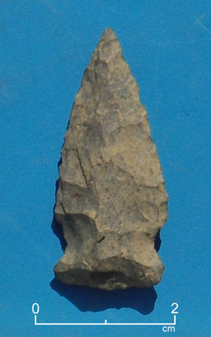 <p>Normanskill-type projectile point (spear-, dart-, or arrowhead) from Davids Island, dating from the Late Archaic period (ca. 2000 B.C.)</p>