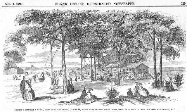 <p>Picnic excursion to Davids Island, August 14, 1858.  This is earliest-known depiction of Davids Island and illustrates the rustic character of the picnic ground.  The view perhaps looks south toward the area later occupied by the Mortar Battery.  Published in Frank Leslie&#39;s Illustrated Newspaper, September 4, 1858.</p>