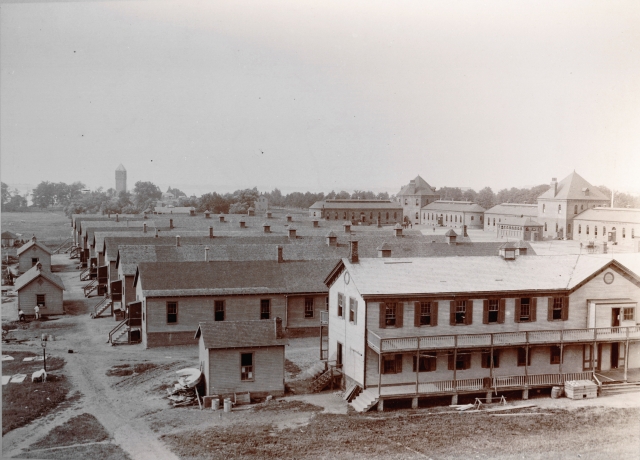 <p>View of the central and western parts of the Barracks Area circa 1892 showing the mix of wood-frame and brick buildings of the period.</p>