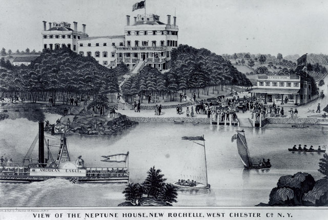 <p>The American Eagle, a sidewheel steamboat similar to vessels that carried excursionists to Davids Island in the 1850s, arriving at Neptune House. One of New Rochelle&#39;s leading 19th century hotels, Neptune House stood on the mainland shore about two-thirds of a mile west of Davids Island. (collection of the New Rochelle Public Library)</p>