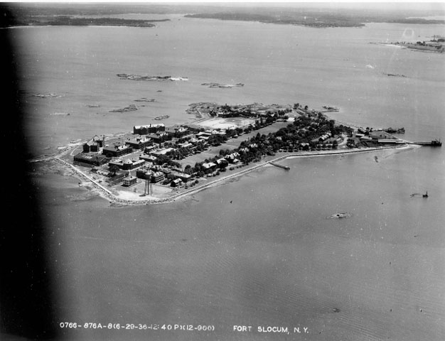 <p>Aerial view of Fort Slocum looking southeast, June 1936.</p>