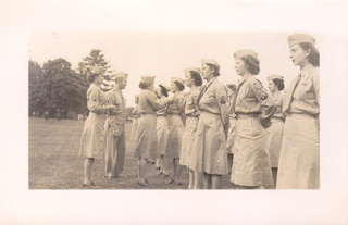 Staff Sgt. Gladys Woodard Borkowski, far left, in 1944 with a formation of Wacs at Fort Slocum.
