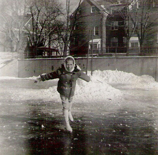 Rivka Olley ice skating on the frozen tennis courts behind officers’ row in the late 1950s.